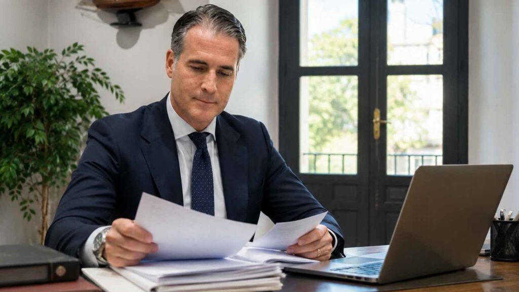 Abogado revisando documentación para reclamar una estafa bancaria